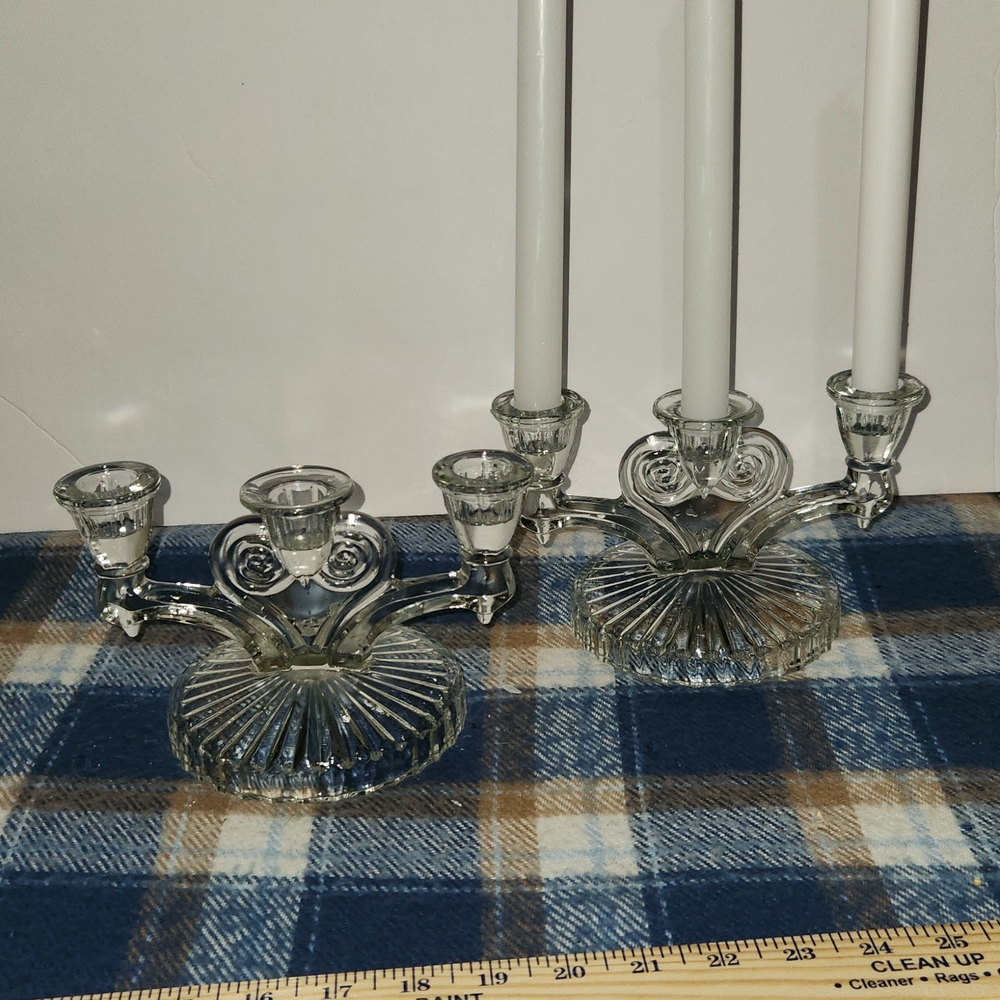 Vintage Jeannette Depression Glass Triple Candle Stick Holder Set.